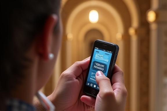 A visitor at Qasr Al Watan using a handheld audio guide device.