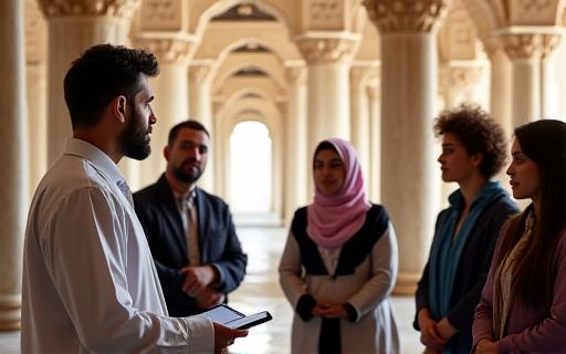 A certified tour guide explaining an exhibit to visitors at Qasr Al Watan.